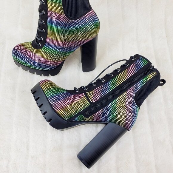 Rainbow Sparkle Rhinestone Chunky High Heel Ankle Boots - Picture 16 of 17
